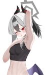  1girl absurdres arm_behind_head armpits black_hair black_horns black_sports_bra blue_archive breasts commentary demon_horns halo highres horns kayoko_(blue_archive) looking_at_viewer mopi_(oooo5412) navel one_eye_closed parted_lips ponytail presenting_armpit purple_wings red_eyes simple_background single_wing small_breasts solo sports_bra standing upper_body white_background white_hair wings 