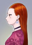  choker closed_mouth commentary_request dress facial_mark grey_background highres long_hair orange_eyes orange_hair original pink_dress profile purple_choker roviahc simple_background solo upper_body 