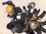  black_pants black_sclera blonde_hair character_name clenched_hand clenched_teeth cyborg genos hair_between_eyes looking_at_viewer male_focus motion_blur one-punch_man pants parts_exposed signature solo teeth weapon yang-do yellow_eyes 