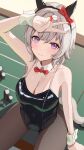  1girl absurdres animal_ears bare_shoulders black_hairband black_leotard blush bow bowtie breasts brown_pantyhose cleavage closed_mouth collarbone commentary_request curren_chan_(umamusume) detached_collar ear_bow ear_covers grey_hair guree_(haiiro) hair_between_eyes hairband highres horse_ears horse_girl horse_tail large_breasts leotard looking_at_viewer nontraditional_playboy_bunny pantyhose poker_chip poker_table purple_eyes red_bow red_bowtie red_nails short_hair sitting smile solo table tail umamusume v white_wrist_cuffs wrist_cuffs 