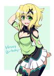  akatsuki_kirika arm_up belt black_legwear blonde_hair breasts cleavage cleavage_cutout commentary_request cowboy_shot eyebrows_visible_through_hair green_eyes hair_ornament happy_birthday legs_together looking_at_viewer medium_breasts open_mouth senki_zesshou_symphogear shiny shiny_hair shiny_skin short_hair skirt solo standing thighhighs white_skirt x_hair_ornament zetsumu 