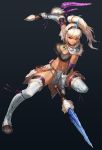  arm_up bangs blonde_hair boots breasts chopsticks cleavage closed_mouth commentary_request dual_wielding full_body gauntlets hairband holding holding_sword holding_weapon horn jewelry kirin_(armor) knee_up large_breasts leg_up loincloth long_hair looking_at_viewer midriff monster_hunter monster_hunter:_world navel niur outstretched_leg panties pendant ponytail shoulder_armor simple_background smile solo spaulders sports_bra stomach sword thigh_boots thighhighs toned underwear weapon 