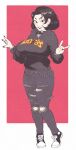  1girl abigail_shapiro alternate_costume black_collar black_eyeshadow black_hair black_hoodie black_lips black_nails black_shoes brand_name_imitation breasts collar commentary commission converse denim ear_piercing english_commentary eyeshadow fingernails full_body goth_fashion grin hexagram highres hood hood_down hoodie inkerton-kun jeans jewelry knees_together_feet_apart large_breasts lipstick logo_parody long_fingernails long_sleeves looking_at_viewer makeup multiple_piercings nail_polish necklace pants piercing print_hoodie real_life second-party_source shaka_sign shoes short_hair smile solo standing star_of_david thrasher_magazine tiptoes torn_clothes torn_jeans torn_pants wallet_chain 