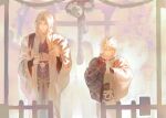  black_kimono blonde_hair bridal_gauntlets closed_eyes cloud_strife cloud_strife_(official_festive_garb) commentary drawstring final_fantasy final_fantasy_vii final_fantasy_vii:_ever_crisis flower_knot grey_hair hair_between_eyes haori highres holding holding_paintbrush huaihecc japanese_clothes kimono official_alternate_costume own_hands_together paintbrush parted_lips pom_pom_(clothes) pom_pom_drawstring praying print_scarf scarf sephiroth sephiroth_(one_with_the_blade) short_hair shrine spiked_hair torii two-tone_kimono untranslatable_commentary white_haori white_scarf 