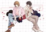  2boys akechi_gorou amamiya_ren black_hair bouquet brown_hair brown_pants closed_mouth collared_shirt commentary denim english_commentary english_text figure_four_sitting full_body glasses grey_sweater grid_background hair_between_eyes happy_valentine heart heart-shaped_pillow highres invisible_floor jacket jeans looking_at_viewer male_focus multiple_boys open_clothes open_jacket palmtreehero pants persona persona_5 pillow pink_jacket pink_shoes pink_sweater red_eyes shirt shoes short_hair simple_background sitting smile sweater twitter_username unbuttoned white_background white_shirt yaoi 