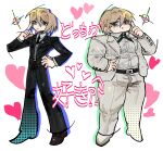  2boys :t adjusting_eyewear belt belt_buckle ben-day_dots black_belt black_jacket black_necktie black_pants black_suit blonde_hair blue_eyes blush brown_shoes buckle collared_shirt commentary_request cross_tie danganronpa:_trigger_happy_havoc danganronpa_(series) danganronpa_2:_goodbye_despair dress_pants dress_shoes drop_shadow expressionless fat fat_man full_body glasses grey_vest hair_between_eyes hand_on_own_hip hand_up hatching_(texture) heart highres jacket kamo_(kamooo44) korean_commentary lapel_pin legs_apart linear_hatching long_sleeves looking_down male_focus multiple_boys necktie open_clothes open_jacket pale_skin pants rectangular_eyewear screentones shirt shirt_tucked_in shoes short_hair sideways_glance simple_background sparkle standing suit suit_jacket togami_byakuya togami_byakuya_(danganronpa_2) translation_request vest waistcoat white-framed_eyewear white_background white_jacket white_pants white_shirt white_shoes 