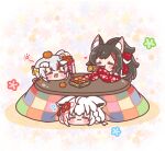  3girls :3 :d =_= absurdres animal_ear_fluff animal_ears ayafubumi_(hololive) black_hair blush_stickers braid chibi closed_eyes closed_mouth colored_shadow commentary_request eating floral_background floral_print food food_on_head food_request fox_ears fruit grey_hair highres hololive horns japanese_clothes kimono kotatsu long_sleeves mandarin_orange mitarashi_neko multicolored_hair multiple_girls nakiri_ayame object_on_head oni ookami_mio ponytail print_kimono red_hair red_kimono shadow shirakami_fubuki sleeves_past_fingers sleeves_past_wrists smile streaked_hair table under_kotatsu under_table virtual_youtuber wide_sleeves wolf_ears 