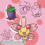  artist_name cherrim cherrim_(overcast) cherrim_(sunshine) cherubi commentary gorogorochu highres looking_at_viewer no_humans open_mouth pink_background pokemon pokemon_(creature) polka_dot polka_dot_background solo tongue tongue_out untranslatable_commentary 