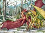  2018 claws day detailed_background digital_media_(artwork) dragon duo feral forest horn membranous_wings natoli outside red_skin scalie sky smile spines tree western_dragon wings yellow_skin 