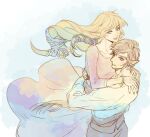  1boy 1girl arms_around_neck arms_around_waist bangle blue_eyes blunt_bangs bracelet breasts commentary couple dress earrings green_ribbon hair_between_eyes hair_ribbon hetero hug jewelry kurokawa_karasu light_blush link long_dress long_hair long_sleeves low-tied_long_hair medium_breasts open_mouth pink_ribbon pointy_ears princess_zelda ribbon shirt short_hair sidelocks sketch smile the_legend_of_zelda the_legend_of_zelda:_skyward_sword untranslatable_commentary upper_body white_dress white_shirt 