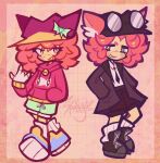  1boy 1girl :d alternate_hair_length alternate_hairstyle androgynous animal_ear_fluff animal_ears animal_hat animification artist_name back-to-back black_hat black_necktie black_shoes black_shorts blue_shoes blush border bow cat_boy cat_ears cat_hat collared_shirt commander_(neko)_(tower_defense_simulator) commander_(tower_defense_simulator) commentary crossed_legs curtained_hair deformed denim denim_shorts dj_booth_(neko)_(tower_defense_simulator) dj_booth_(tower_defense_simulator) english_commentary fang fewer_digits film_grain fingerless_gloves flat_chest full_body genderswap genderswap_(mtf) gloves goggles goggles_on_head green_bow green_shorts grid_background grin hand_up hat hat_bow highres hood hood_down hoodie jitome kneehighs knees_apart_feet_together long_sleeves looking_at_viewer medium_hair necktie official_alternate_costume official_alternate_hair_color open_mouth orange_border outside_border pink_background pink_hair pink_hat pink_hoodie pocket puffy_long_sleeves puffy_sleeves ribbed_socks ribbon ribbon-trimmed_shorts ribbon_trim roblox shirt shoes shorts simple_background smile socks spooklyze standing swept_bangs thick_lineart tongue tower_defense_simulator white_gloves white_ribbon white_shirt white_socks yellow_eyes 