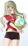  1girl :d alternate_costume ball bandaged_fingers bandages black_hairband black_shorts blush bound breast_press breasts collarbone commentary cowboy_shot elbow_pads english_commentary floating_hair gradient_background green_hair hair_ornament hairband hairclip heaven_burns_red highres large_breasts long_hair long_sidelocks looking_at_object midriff mochimugi_rice mole mole_under_mouth multicolored_hair murofushi_risa navel open_mouth playing_sports purple_eyes shorts sidelocks smile solo sportswear twintails very_long_hair volleyball_(object) volleyball_uniform wavy_hair 