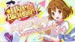  1girl :d bad_id balloon bilingual_text black_bow bow breasts brown_eyes brown_hair cake cake_slice character_name confetti diagonal-striped_bow english_text flower food game_cg hair_ornament happy_birthday heart_balloon holding holding_tray idol_wars kubota_sayumi large_breasts looking_at_viewer mixed-language_text necktie official_art open_mouth orange_flower orange_necktie orange_rose parfait plaid_background plate purple_bow red_ribbon ribbon rose second-party_source shirt short_hair short_sleeves skull_print smile solo star_(symbol) string_of_flags striped_bow tray unworn_bow upper_body white_bow white_shirt wristband 
