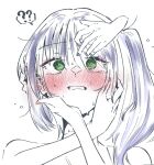  3girls ? ?? @_@ blush cho_kaguya-hime! clenched_teeth commentary_request green_eyes hand_on_another's_cheek hand_on_another's_face hand_on_another's_forehead kaguya_(cho_kaguya-hime!) multiple_girls nequra_858 nervous_sweating nose_blush partially_colored portrait runami_yachiyo sakayori_iroha simple_background spoken_question_mark surrounded_by_hands sweat teeth white_background yuri 