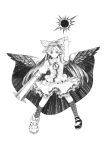  1girl arm_cannon asymmetrical_clothes asymmetrical_footwear black_sun bow cape collared_shirt control_rod_(touhou) feathered_wings frilled_shirt frilled_shirt_collar frills full_body greyscale hair_bow hand_up highres kneehighs loafers long_hair looking_at_viewer mismatched_footwear monochrome official_art pointing pointing_up reiuji_utsuho shirt shoes short_sleeves simple_background skirt smile socks solo starry_sky_print sun symposium_of_post-mysticism third_eye touhou two-sided_cape two-sided_fabric weapon white_background wings 