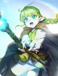  brown_cloak cloak commentary_request copyright_request cowboy_shot green_eyes green_hair green_vest highres holding hood hooded_cloak korean_commentary lens_flare long_sleeves mage magic open_mouth pantyhose pointy_ears skirt solo staff vest white_skirt yang-do 