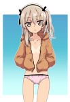  bangs bikini_bottom bikini_tan black_ribbon blue_background brown_shirt closed_mouth commentary cowboy_shot crotch_seam eyebrows_visible_through_hair girls_und_panzer gradient gradient_background hair_ribbon hands_in_pockets hood hoodie light_brown_eyes light_brown_hair light_frown long_hair looking_at_viewer monolith_(suibou_souko) navel open_clothes open_shirt outside_border pink_bikini_bottom ribbon shimada_arisu shirt side_ponytail solo standing tan tanline 