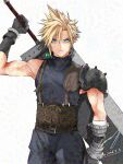  1boy aqua_eyes armor bandaged_arm bandages belt black_gloves blonde_hair blue_pants blue_shirt brown_belt buster_sword closed_mouth cloud_strife commentary_request cowboy_shot crazy02oekaki dated final_fantasy final_fantasy_vii gloves hair_between_eyes highres holding holding_sword holding_weapon male_focus materia multiple_belts pants pauldrons shirt short_hair shoulder_armor signature single_bare_shoulder single_pauldron sleeveless sleeveless_turtleneck solo spiked_hair suspenders sword turtleneck watermark weapon white_background 