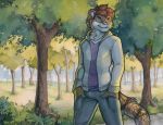  2018 anthro clothed clothing feline graydiel hands_in_pockets male mammal neck_tuft outside park purple_eyes ruaidri solo tiger tuft 