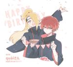  2boys akatsuki_uniform asymmetrical_bangs banner blue_eyes bowl commentary_request confetti deidara_(naruto) doll_joints english_text extra_mouth eyeliner forehead_protector hair_over_one_eye happy heart high_ponytail highres holding holding_banner holding_bowl joints long_hair looking_at_viewer m11080505 makeup male_focus multiple_boys naruto_(series) naruto_shippuuden ponytail red_eyes red_hair robe sasori_(naruto) short_hair signature simple_background white_background 
