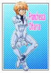  1girl arm_ribbon blue_eyes character_name closed_mouth commentary_request francesca_o'hara full_body gundam highres long_hair mecha_pilot_suit normal_suit_(gundam) orange_hair polka_dot polka_dot_background ribbon saika_(pixiv43370196) scene_reference science_fiction smile solo victory_gundam 