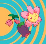  aqua_background artist_name cherrim cherrim_(overcast) cherrim_(sunshine) cherubi commentary english_commentary evolutionary_line highres looking_at_viewer mudd-loser no_humans one_eye_closed orange_background pokemon pokemon_(creature) two-tone_background 