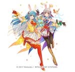  2girls animal_ear_hairband animal_ears aqua_eyes aqua_hair bare_shoulders bird black_pantyhose blue_eyes blue_hair blue_shirt blush boots breasts brown_boots brown_gloves commentary_request dress eirika_(fire_emblem) eirika_(spring_company)_(fire_emblem) english_commentary fake_animal_ears fake_tail fighting_stance fingerless_gloves fire_emblem fire_emblem:_radiant_dawn fire_emblem:_the_sacred_stones fire_emblem_heroes flower gloves grey_hair hair_ribbon hairband holding kippu long_hair micaiah_(fire_emblem) micaiah_(spring_company)_(fire_emblem) mixed-language_commentary multiple_girls neckerchief official_alternate_costume official_art open_mouth pantyhose parted_lips purple_neckerchief purple_vest rabbit_ears rabbit_tail red_boots red_gloves red_neckerchief red_shirt ribbon shirt simple_background skirt sleeveless smile stuffed_animal stuffed_rabbit stuffed_toy tail thigh_boots vest white_hairband white_skirt yellow_eyes yellow_vest yune_(fire_emblem) 