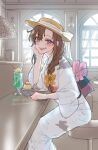  1girl alternate_costume alternate_hairstyle back_bow black_hair blush bow braid braided_ponytail brown_hair cafe chair cherry commentary_request cup drink drinking_straw elbow_rest eyelashes floral_print flower food fruit genderswap genderswap_(mtf) grin hair_between_eyes hair_bow hair_flower hair_ornament hair_over_shoulder hand_on_own_cheek hand_on_own_face hat head_rest ice_cream indoors japanese_clothes kimono long_hair looking_at_viewer miu_vocalo modao_zushi obi official_alternate_hairstyle orange_bow pink_bow pink_sash pudding purple_eyes sash single_braid sitting smile solo spoon sun_hat sunflower table twitter_username wei_wuxian white_kimono wide_sleeves window yellow_flower yukata 