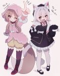  2girls :d ;3 ;q absurdres animal_ear_fluff animal_ears arm_up bi_(bi_trip_machine) black_dress black_hat black_shoes black_thighhighs blush brown_hair cat_ears cat_girl cat_tail closed_mouth commentary crossed_bangs dress frilled_dress frilled_sleeves frills full_body hair_between_eyes hashtag-only_commentary hat highres hood hood_up hoodie long_hair long_sleeves looking_at_viewer mary_janes multiple_girls neck_ribbon notice_lines one_eye_closed open_mouth ouka_miko pantyhose pink_hoodie pointing red_eyes red_ribbon red_shoes ribbon sayo_(voicevox) shoes short_hair shorts sleeves_past_fingers sleeves_past_wrists smile standing tail thighhighs tongue tongue_out voicevox white_hair white_pantyhose wolf_girl wolf_tail yellow_shorts 