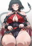  1girl absurdres animal_ears belt black_choker black_hair black_one-piece_swimsuit breasts choker cleavage dush_1154 fishnet_sleeves fishnets green_eyes highres jane_doe_(nocturne_of_light)_(zenless_zone_zero) jane_doe_(zenless_zone_zero) large_breasts looking_at_viewer mouse_ears mouse_girl mouse_tail official_alternate_costume one-piece_swimsuit parted_lips red_belt red_one-piece_swimsuit sitting solo swimsuit tail thick_thighs thighs wide_hips zenless_zone_zero 