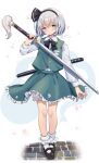  1girl black_bow black_bowtie black_hairband black_shoes blue_eyes bow bow_hairband bowtie commentary_request falling_petals frilled_skirt frilled_socks frills full_body green_skirt green_vest hairband hitodama hitodama_print holding holding_sword holding_weapon konpaku_youmu konpaku_youmu_(ghost) looking_at_viewer mary_janes otowa_(otoha4634) petals print_skirt shirt shoes short_hair signature skirt socks solo sword touhou vest weapon white_hair white_shirt white_socks 