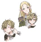  ... 2boys aged_down aloysius_(shining_nikki) alternate_universe bandaid bandaid_on_cheek bandaid_on_face black_shirt blonde_hair blood brown_eyes brown_hair brown_hood caprico_(shining_nikki) child cloak closed_mouth collared_shirt cotton_swab cropped_torso elf green_cloak green_eyes hair_between_eyes hand_on_another's_arm hand_on_another's_cheek hand_on_another's_face hand_on_another's_shoulder highres holding holding_cotton_swab hood hood_down hooded_cloak injury light_blush light_frown long_hair long_sidelocks looking_at_viewer male_focus messy_hair multiple_boys multiple_views nikki_(series) nonoberry22 notice_lines one_eye_closed pointy_ears shining_nikki shirt short_hair short_sleeves sidelocks simple_background straight_hair t-shirt white_background white_shirt 