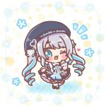  1girl ;d beret black_hat black_shoes blue_dress blue_eyes blue_hair blush_stickers character_name chibi clothes_writing commentary_request dress floral_background hand_up hat heart highres kaga_sumire long_hair looking_at_viewer mitarashi_neko multicolored_hair notice_lines one_eye_closed plaid_clothes plaid_dress ringlets shoes smile socks solo streaked_hair twintails very_long_hair virtual_youtuber vspo! white_background white_socks 