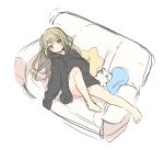  bad_id bad_pixiv_id bangs bare_legs barefoot black_hoodie blush closed_mouth couch eyebrows_visible_through_hair green_eyes hair_ornament hairclip highres hood hood_down hoodie light_brown_hair long_hair long_sleeves looking_at_viewer mafuyu_(chibi21) on_couch original pillow sketch sleeves_past_fingers sleeves_past_wrists solo star star_pillow stuffed_animal stuffed_cat stuffed_toy very_long_hair 