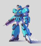  absurdres color_variation commentary earth_federation gundam highres javelin_(gundam) kawatanikisaku mecha mecha_focus mobile_suit no_humans robot science_fiction shadow shot_lancer signature solo vernier_thrusters victory_gundam weapon yellow_visor 