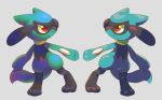  closed_mouth color_variation commentary_request full_body grey_background hinekure no_humans pokemon pokemon_(creature) red_eyes riolu simple_background symmetry 