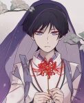  1boy black_hair blunt_ends bow choppy_bangs clothing_cutout commentary empty_eyes eyeliner fingernails flower genshin_impact grey_bow grey_eyes grey_kimono grey_sleeves holding holding_flower japanese_clothes kimono layered_sleeves looking_at_flowers makeup male_focus marureenu parted_lips plant_request portrait purple_veil red_eyeliner red_flower scaramouche_(genshin_impact) scaramouche_(kabukimono)_(genshin_impact) see-through_clothes see-through_veil shoulder_cutout solo spider_lily straight-on tasuki untranslatable_commentary veil white_background white_sleeves 