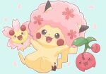  blue_background blush cherrim cherrim_(sunshine) cherubi commentary falling_petals flower highres looking_at_viewer no_humans open_mouth petako_(ptpt_k) petals pikachu pink_flower pink_petals pokemon pokemon_(creature) simple_background tail untranslatable_commentary yellow_fur 