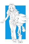  1boy 1girl blue_background border breasts full_body furrowed_brow furry furry_male furry_with_non-furry gloves hairband highres holding_hands interspecies jacket long_hair looking_at_another malfunc_1701 maria_robotnik medium_breasts monochrome pants parted_lips roller_skates shadow_the_hedgehog skates sketch smile sonic_(series) walking white_border 