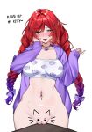  1girl blush bow braid breasts cardigan commentary do_you_want_to_pet_my_cat_(meme) earrings elle_(vtuber) english_text eyelashes gradient_hair hair_bow heart heart-shaped_pupils highres hoop_earrings indie_virtual_youtuber jewelry long_sleeves meme multicolored_hair navel navel_piercing open_mouth piercing purple_cardigan purple_hair pussy red_hair sakichka smile solo sweat symbol-shaped_pupils twin_braids virtual_youtuber yellow_eyes 
