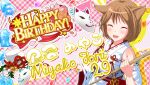  1girl bad_id balloon bare_shoulders bilingual_text blush brown_hair character_name closed_eyes clothing_cutout confetti english_text facing_viewer flower fox_mask game_cg hair_ears hand_up happy_birthday hat heart_balloon holding holding_pole idol_wars mask mixed-language_text nontraditional_miko official_art open_mouth orange_flower orange_rose plaid_background pole red_ribbon ribbon rose second-party_source short_hair shoulder_cutout smile solo star_(symbol) string_of_flags torii_miyako unworn_hat unworn_headwear unworn_mask upper_body white_hat white_kosode white_mask 