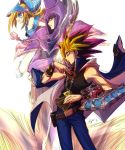  2boys belt black_shirt blonde_hair blue_eyes bracelet card chain commentary_request dark_magician dark_magician_girl duel_disk duel_monster hat highres jewelry long_hair millennium_puzzle multicolored_hair multiple_boys mutou_yuugi open_mouth poo-kame purple_hair shirt sleeveless sleeveless_shirt spiked_hair wizard_hat yami_yuugi yuu-gi-ou yuu-gi-ou_duel_monsters 