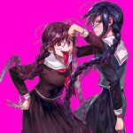  2girls absurdres braid collared_shirt commentary_request danganronpa:_trigger_happy_havoc danganronpa_(series) dual_persona eyelashes fukawa_toko genocider_sho glasses green_outline hand_on_own_hip highres holding holding_scissors holding_weapon korean_commentary long_hair long_skirt long_tongue mole mole_under_mouth multiple_girls neckerchief open_mouth outline pink_background purple_hair purple_serafuku purple_shirt purple_skirt reang_i red_eyes red_neckerchief round_eyewear sailor_collar school_uniform scissors serafuku shirt simple_background skirt skirt_set smile tongue tongue_out twin_braids twintails weapon white_sailor_collar 