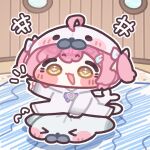  1girl aemeath_(wuthering_waves) ahoge blush_stickers chibi chibi_only commentary_request full_body korean_commentary monyami no_nose onesie open_mouth outstretched_arm pink_hair seal_(animal) seal_hat short_hair solo wuthering_waves yellow_eyes 