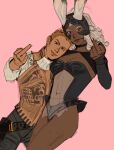  1boy 1girl animal_ears balthier black_choker black_helm black_leotard black_pants black_shrug breasts brown_hair choker cleavage closed_mouth cow dark-skinned_female dark_skin dxhird earrings ears_through_headwear final_fantasy final_fantasy_xii fingernails fran_(ff12) gold_trim grey_eyes highres jewelry leotard long_fingernails long_hair medium_breasts middle_finger navel pants pink_background rabbit_ears rabbit_girl red_eyes shirt short_hair shrug_(clothing) smile strapless strapless_leotard veil vest viera white_shirt 