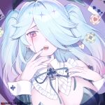  1girl animal_ears bare_shoulders black_leotard black_nails black_survival breasts brooch card chiara_(black_survival) cleavage commentary_request detached_collar detached_sleeves earrings eternal_return:_black_survival fake_animal_ears frilled_shirt_collar frills hair_over_one_eye hands_up heart heart_earrings highres hop3 jewelry korean_commentary large_breasts leotard long_sleeves nail_polish official_alternate_costume open_mouth pink_eyes playboy_bunny playing_card poker_chip rabbit_ears solo strapless strapless_leotard two_side_up upper_body wrist_cuffs 