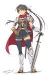  1girl armband armor artist_name ass_visible_through_thighs asymmetrical_armor belt black_armband black_hair black_skirt black_thighhighs blue_eyes blue_shirt bow breasts brown_belt brown_gloves brown_shoes cape chosen_undead closed_mouth dark_souls_(series) dark_souls_i dated full_body gauntlets gloves greaves hair_bow hand_on_hilt hand_on_own_hip highres long_hair looking_to_the_side medium_breasts miniskirt pleated_skirt poleyn red_cape rerebrace sheath shirt shoes simple_background single_gauntlet single_glove single_shoulder_pad skirt sleeveless sleeveless_shirt smile solo standing sword takkun_(alicesoft) thighhighs twintails unsheathed very_long_hair weapon white_background white_bow zettai_ryouiki 
