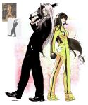  1boy 1girl beatrix_kiddo beatrix_kiddo_(cosplay) black_gloves black_pants black_suit bruce_lee's_jumpsuit chainsaw cosplay final_fantasy final_fantasy_vii gloves highres holding holding_chainsaw kill_bill lockhartpng pants sephiroth suit tagme tifa_lockhart track_suit yellow_pants yellow_track_suit 