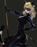  adrien_agreste animal_ears ass black_bodysuit black_gloves blonde_hair bodysuit chat_noir genderswap genderswap_(mtf) gloves green_eyes grey_background high_heels latex latex_gloves mask miraculous_ladybug outline pole_dancing simple_background stripper_pole yang-do 