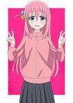  1girl blue_eyes bocchi_the_rock! commentary cowboy_shot double_v gotoh_hitori hair_ornament highres long_hair pink_hair riokasen solo tagme v 